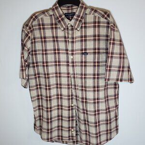 Ivy Crew Mens Short Sleeve Button Up Casual Plaid Tan Red Charcoal L